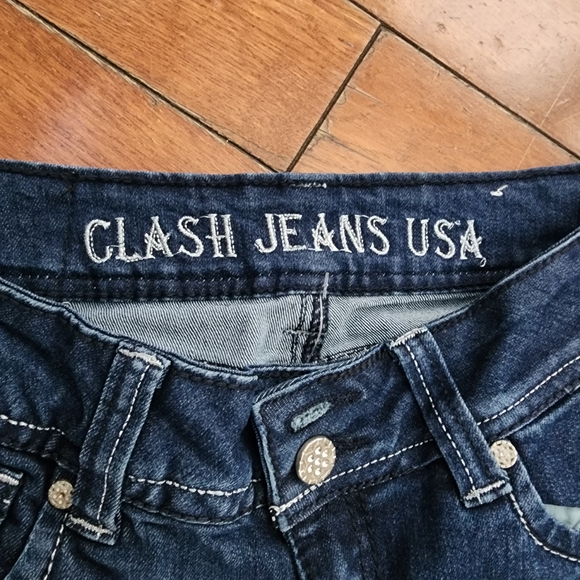 Y2K Clash Jeans USA Embellished Flare Blue Denim Sz 1 / XS McBling 2000s Grunge - Picture 3 of 12
